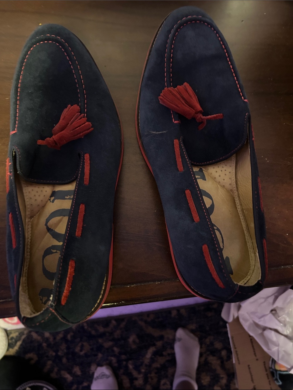 1901  Navy Suede Tassel Loafers with Red Accents